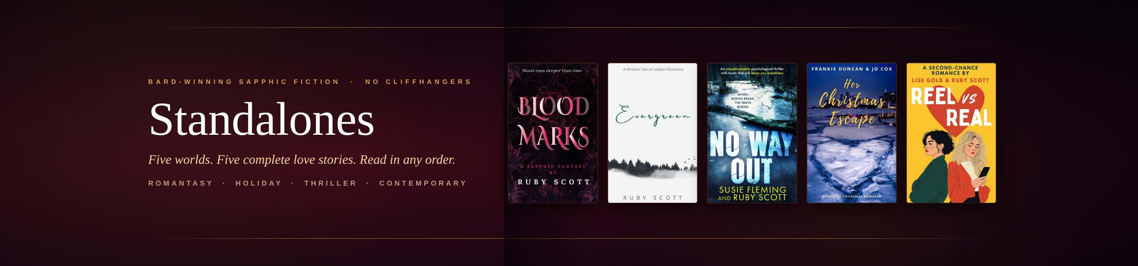Book covers of 'Blood Works', 'No Way Out', 'The Thing That Feed's Real' with text 'Standalones' on a dark background.
