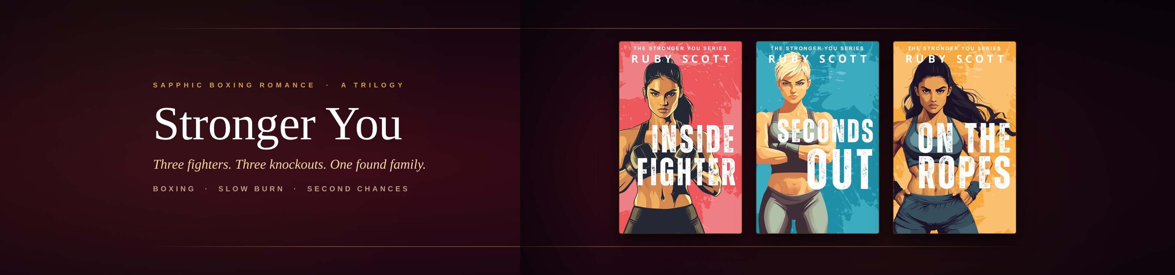 Three movie posters with text 'Stronger You', 'Inside Fighter', and 'Seconds Out' on a dark background.