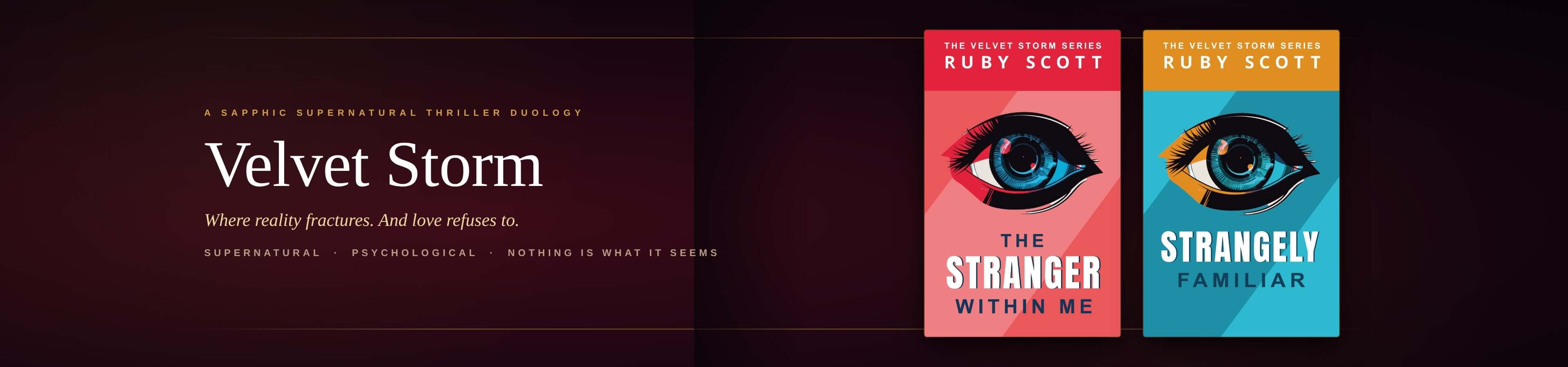 Two book covers of 'The Stranger' and 'Strangely Familiar' by Ruby Scott on a dark background.