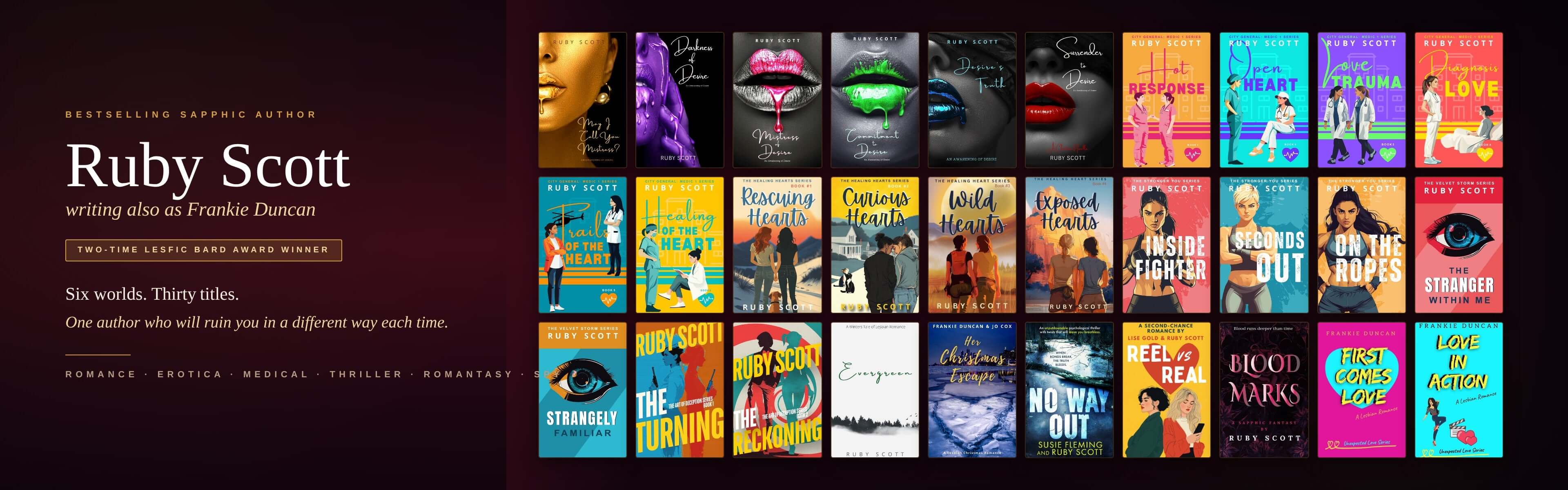 Row of book covers with author Ruby Scott's name on a dark background