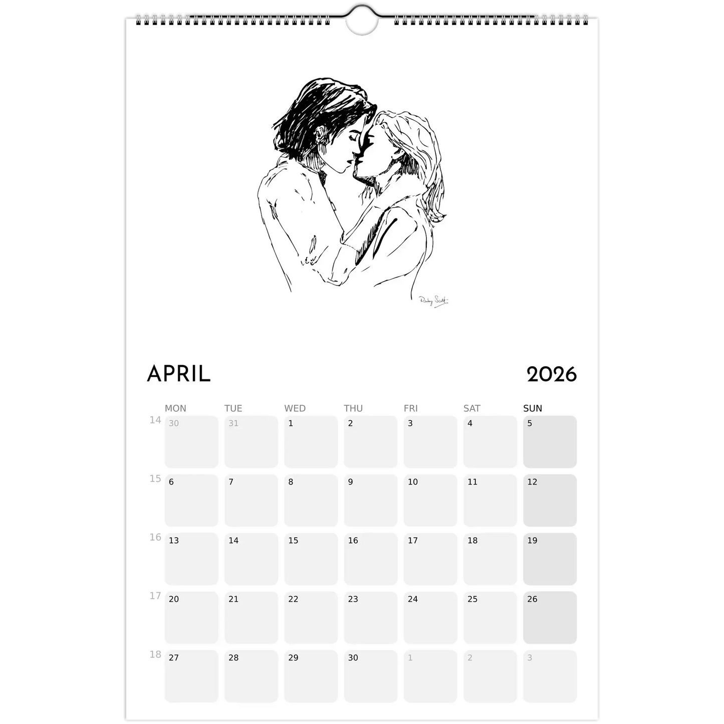 Sapphic Art Calendar featuring an intimate illustration of two women embracing for April 2026.