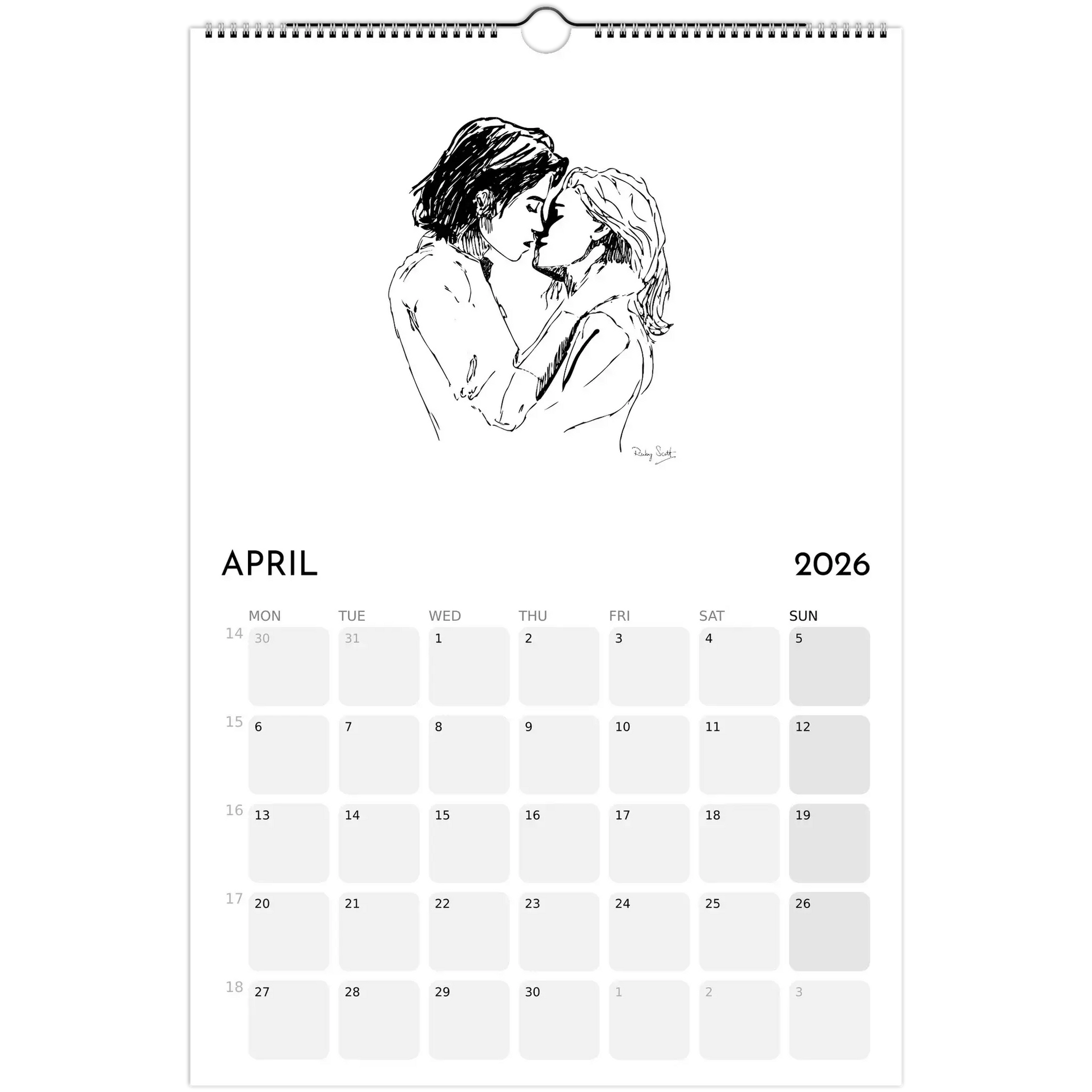 Sapphic Art Calendar featuring an intimate illustration of two women embracing for April 2026.