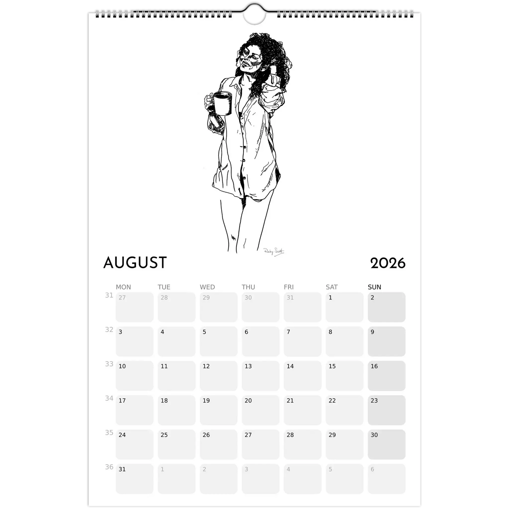 Sapphic Art Calendar featuring a confident woman holding mugs for August 2026.