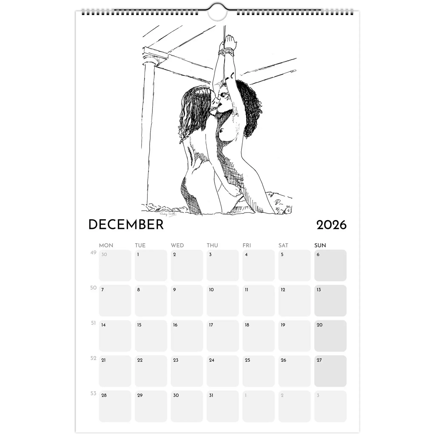Sapphic Art Calendar - December 2026 illustration featuring two women expressing desire and connection.