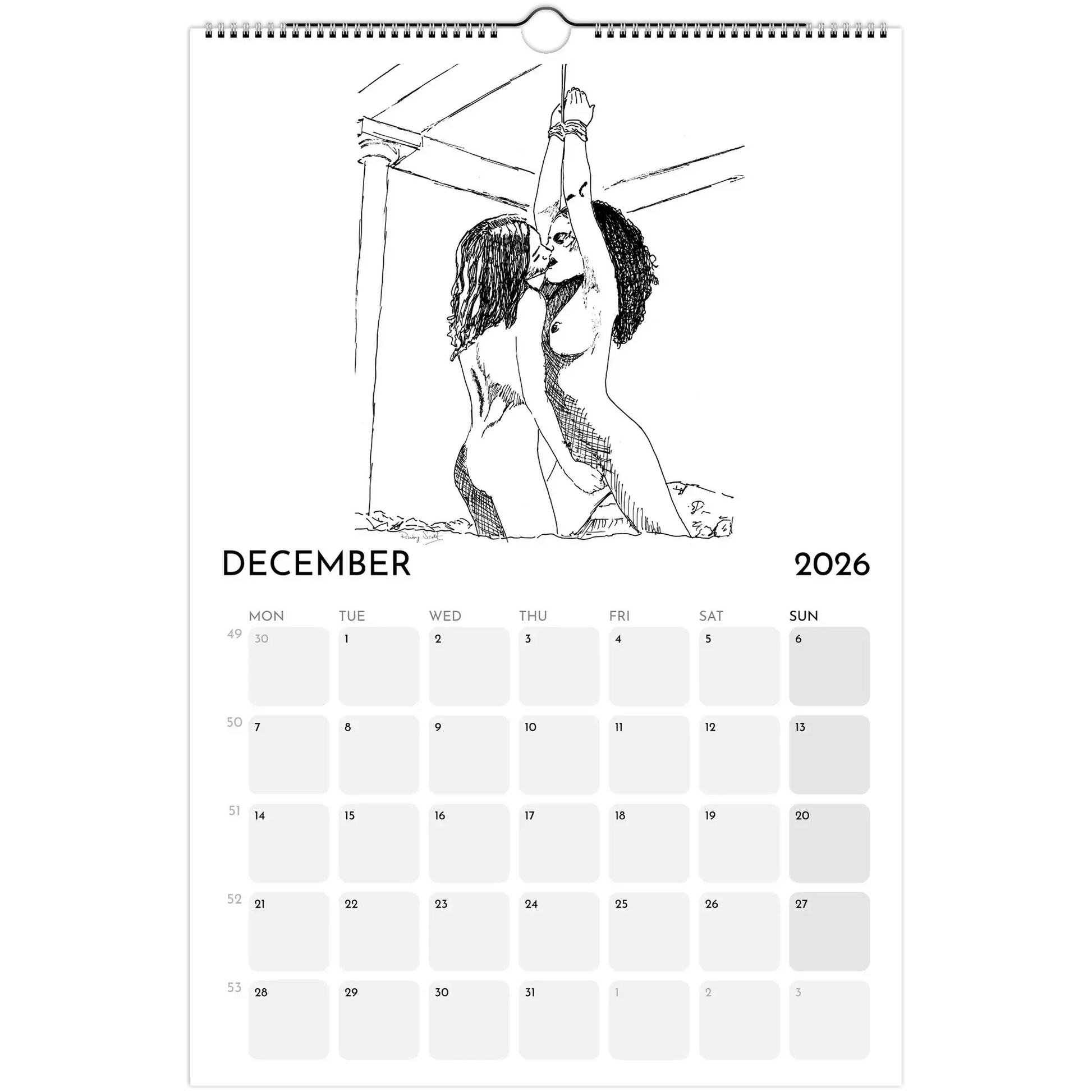 Sapphic Art Calendar - December 2026 illustration featuring two women expressing desire and connection.
