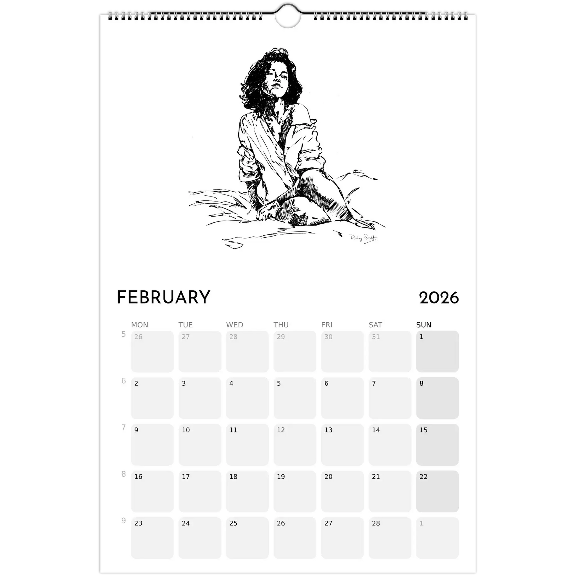 Sapphic Art Calendar featuring a bold illustration of a confident woman for February 2026.