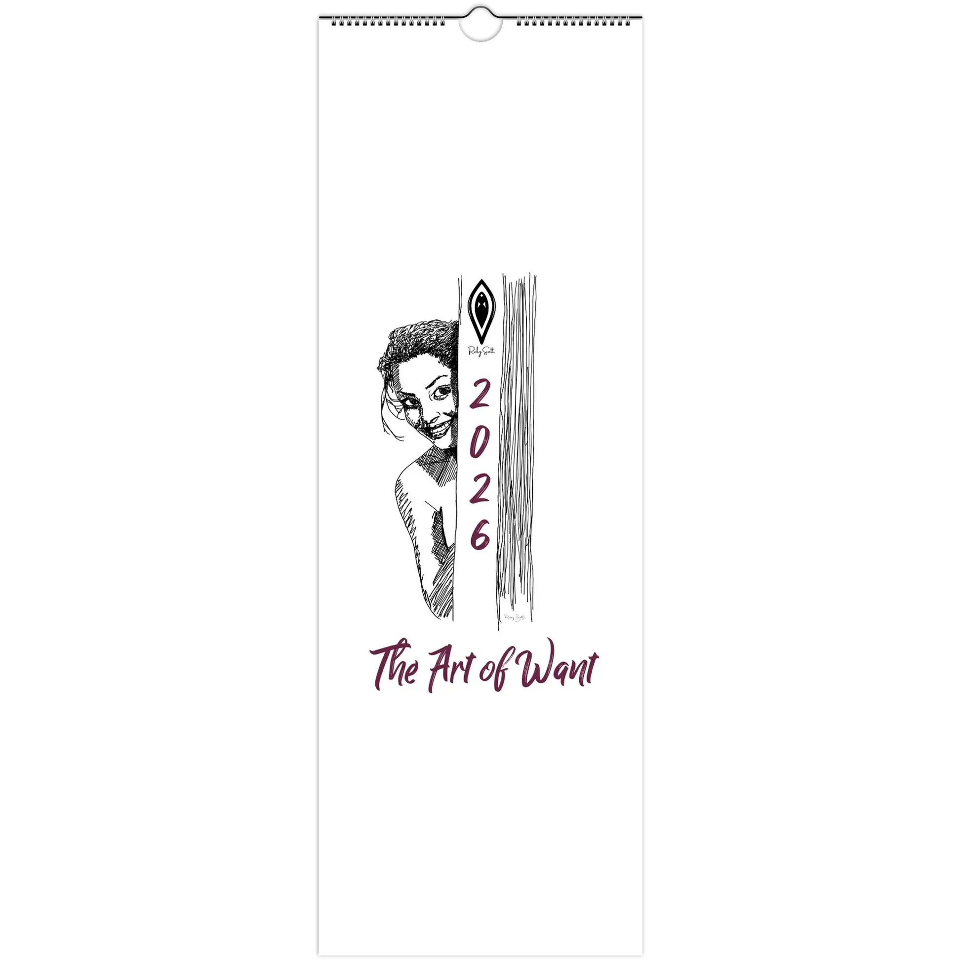 Sapphic Art Calendar 2026 featuring The Art of Want illustration with a woman peeking from behind a pillar.