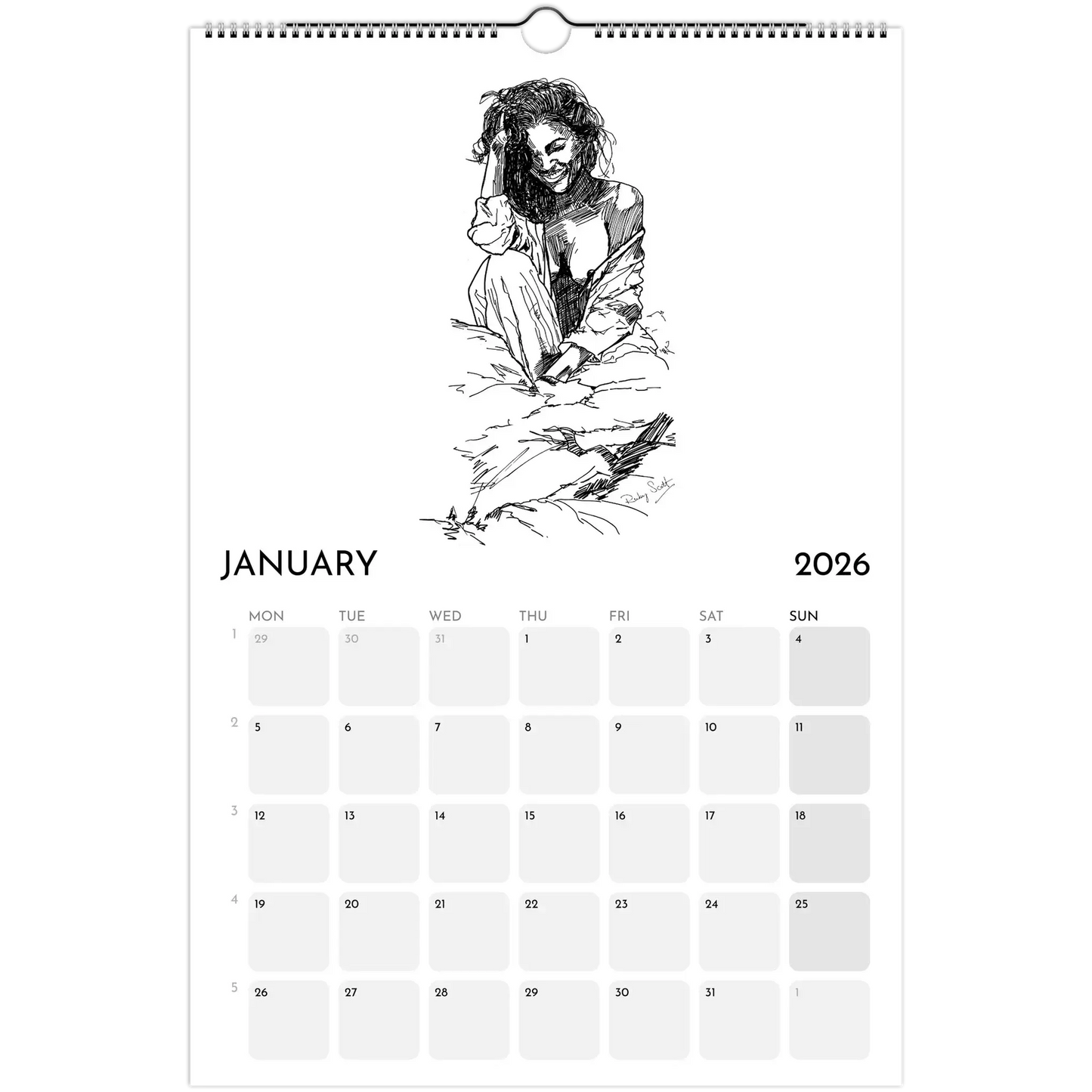 Sapphic Art Calendar featuring an original ink drawing for January 2026, showcasing a confident woman in a relaxed pose.