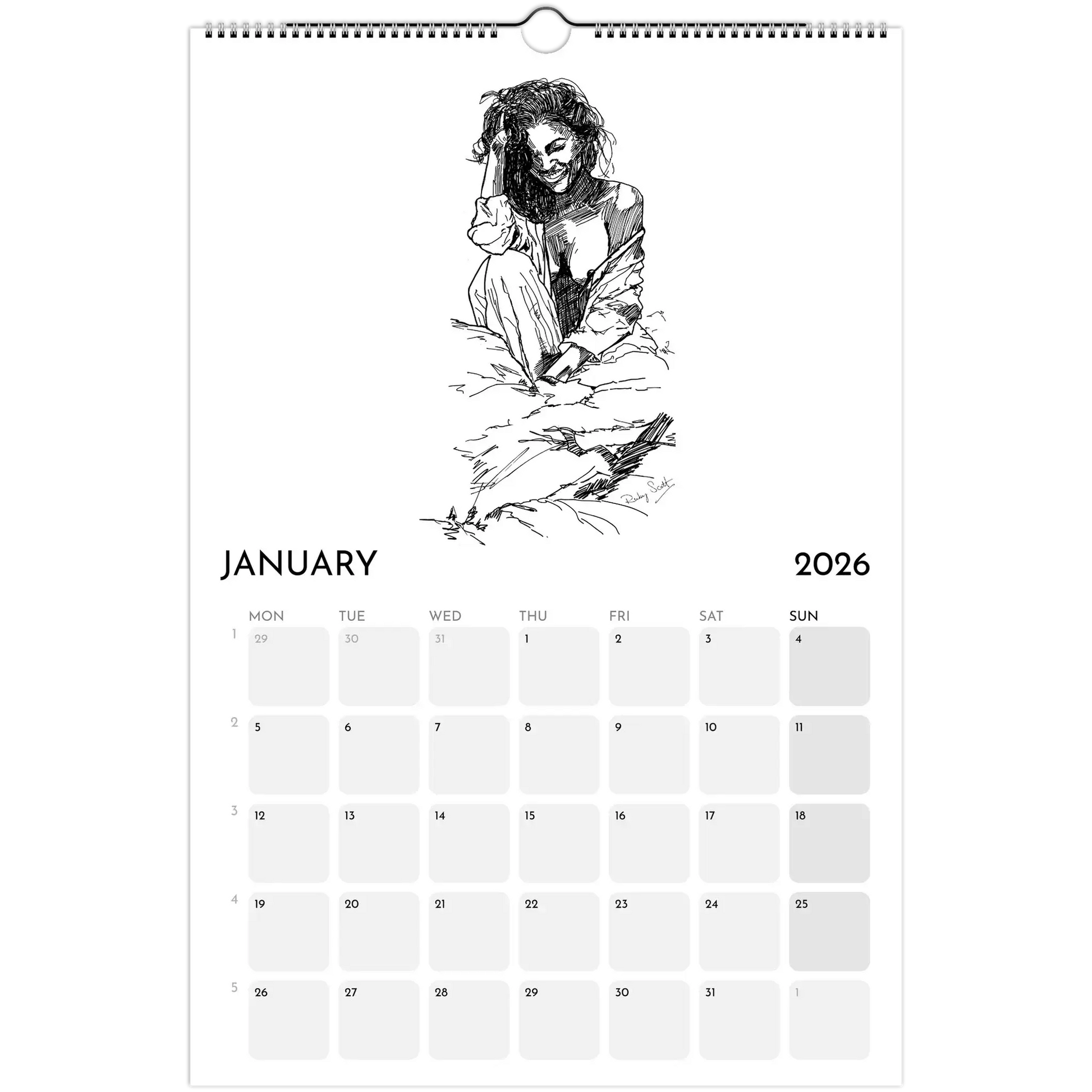 Sapphic Art Calendar featuring an original ink drawing for January 2026, showcasing a confident woman in a relaxed pose.