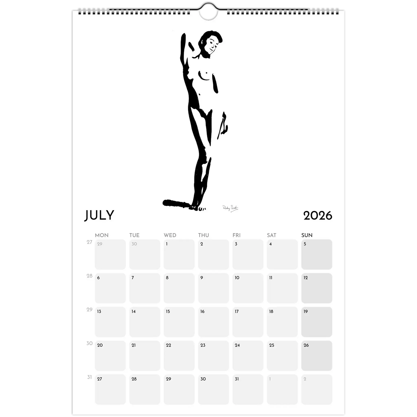 Sapphic Art Calendar July 2026 page featuring an original ink illustration of a confident nude woman.