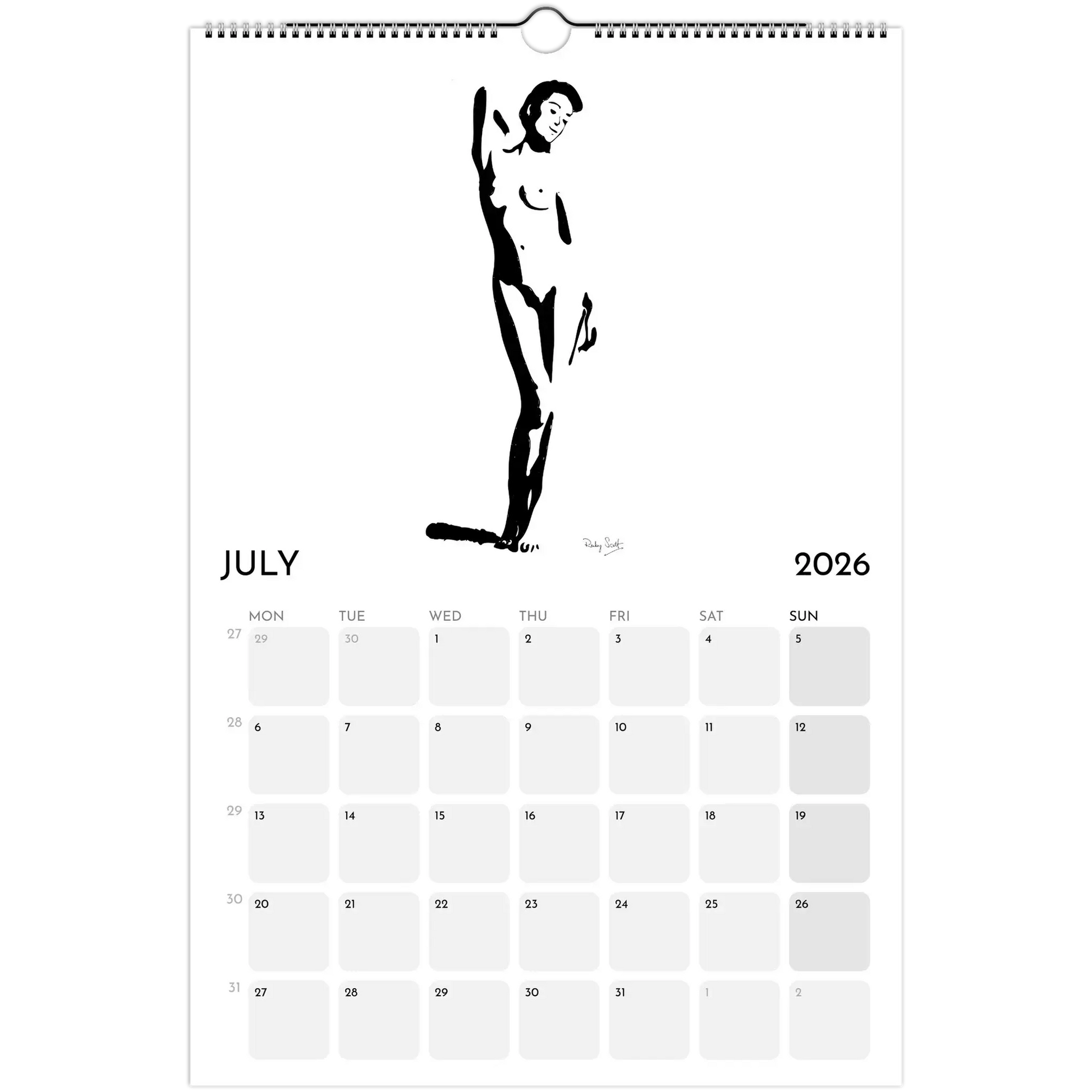 Sapphic Art Calendar July 2026 page featuring an original ink illustration of a confident nude woman.