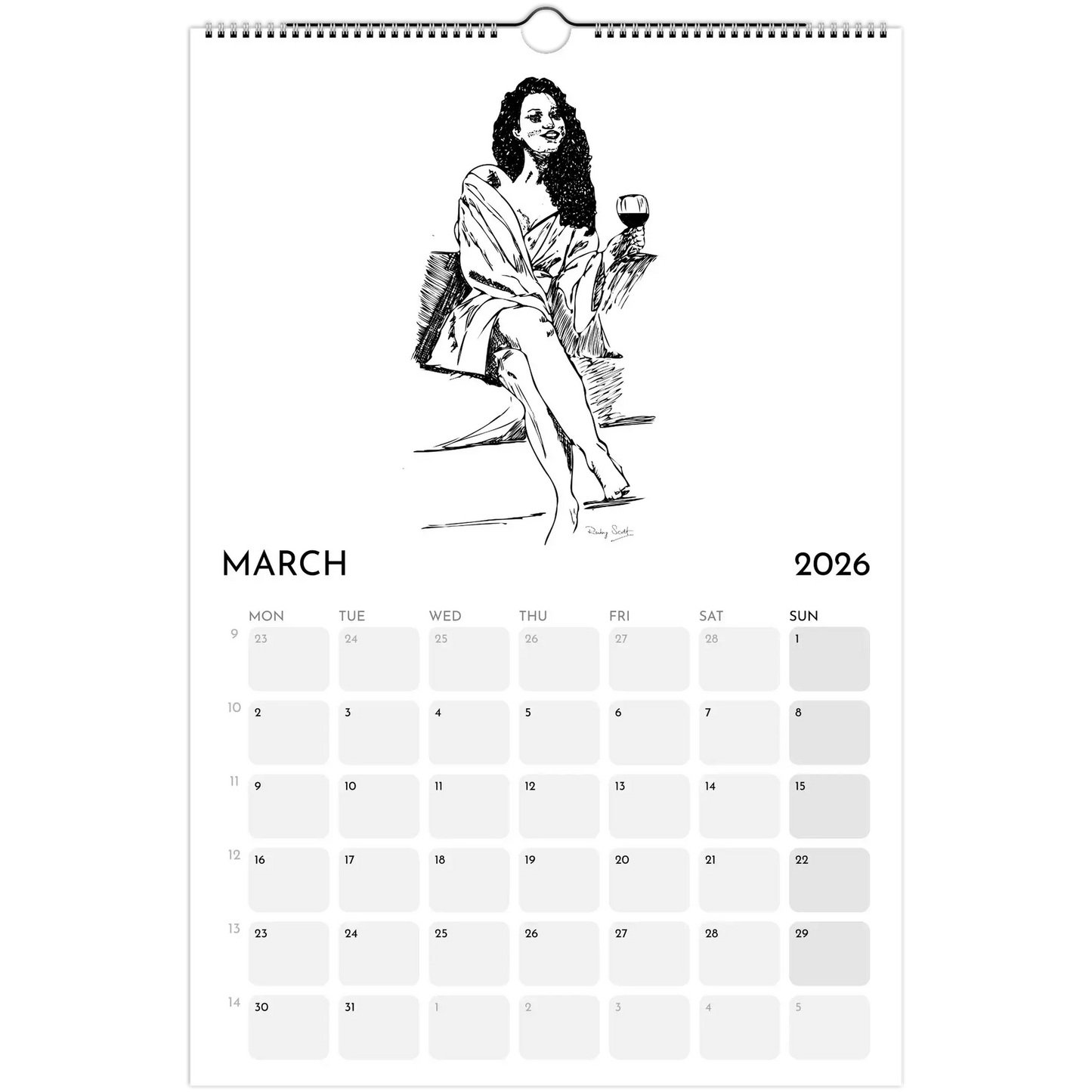 Sapphic Art Calendar showing a confident woman with a drink, March 2026 page design.
