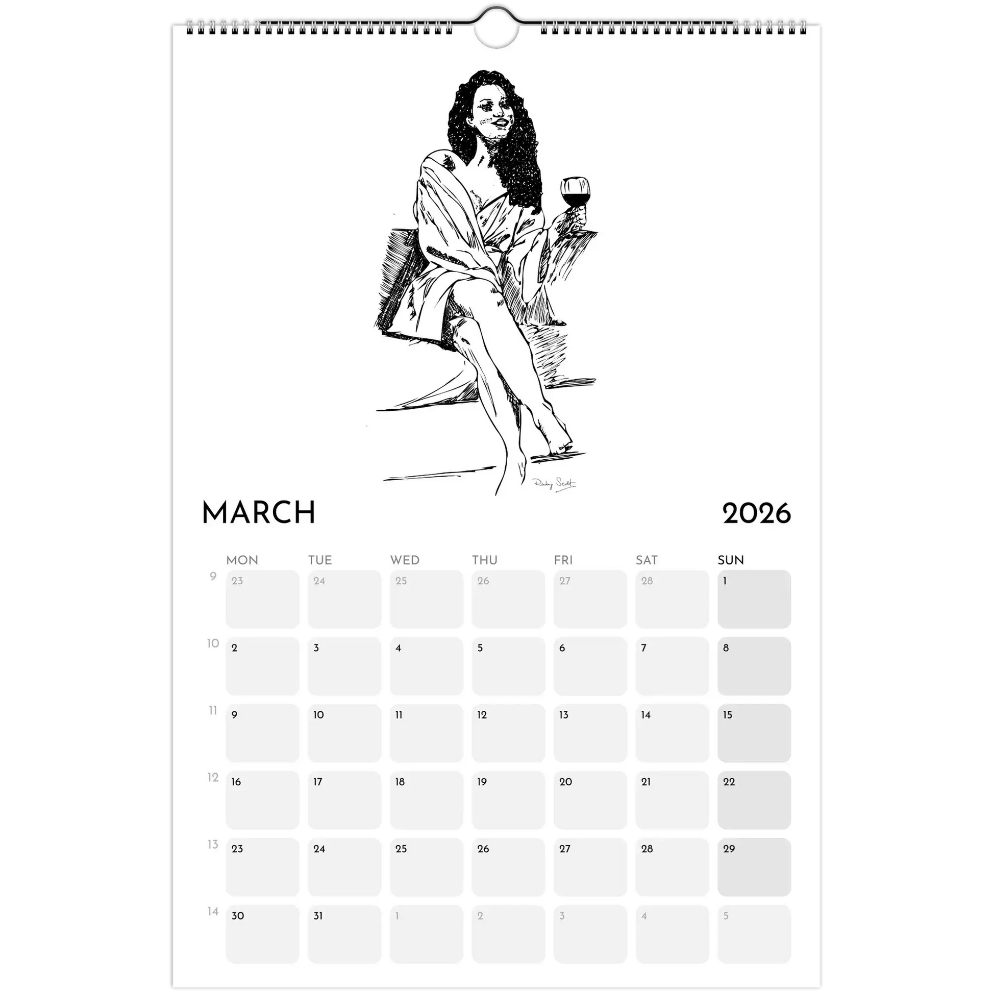Sapphic Art Calendar showing a confident woman with a drink, March 2026 page design.