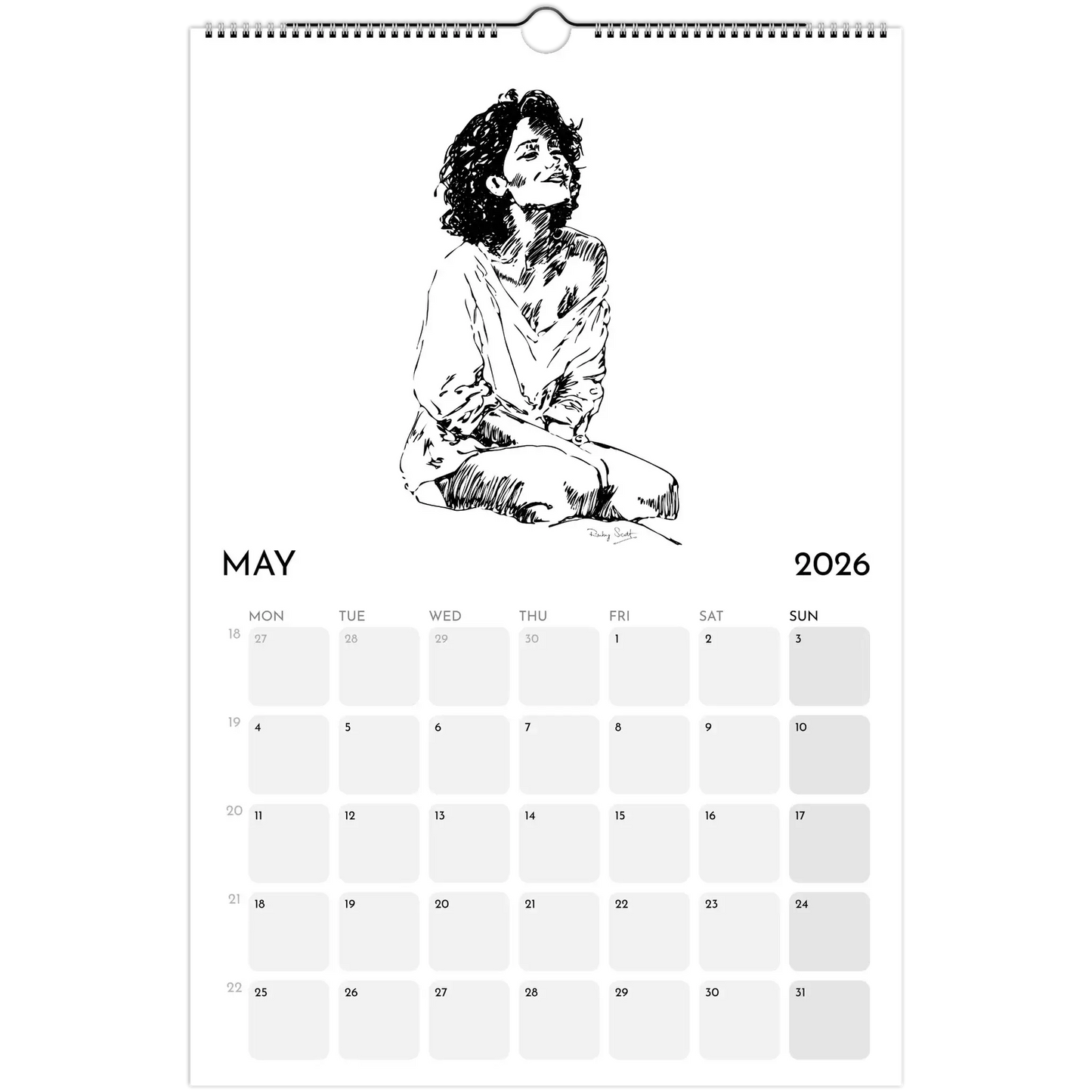 Sapphic Art Calendar for May 2026 featuring an ink illustration of a woman in a relaxed pose.