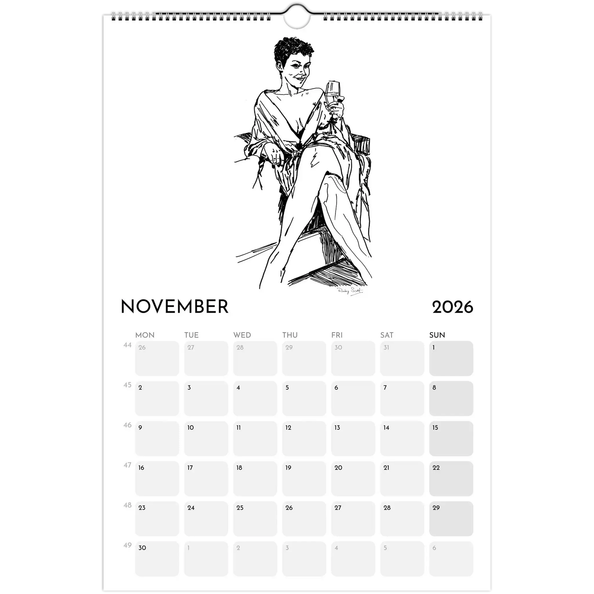 Sapphic Art Calendar for November 2026 featuring a bold ink illustration of a confident woman relaxing.