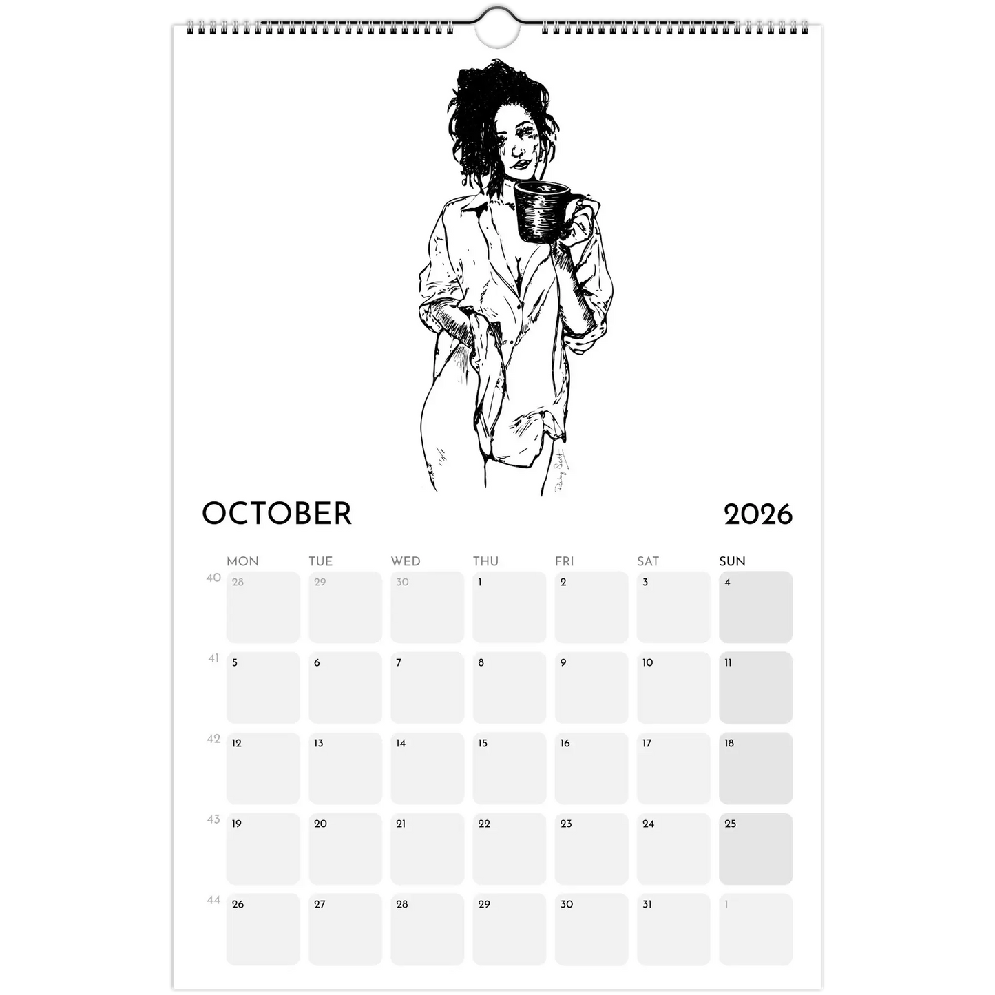 Sapphic Art Calendar showing October 2026 page with a woman holding a cup, celebrating desire and confidence.