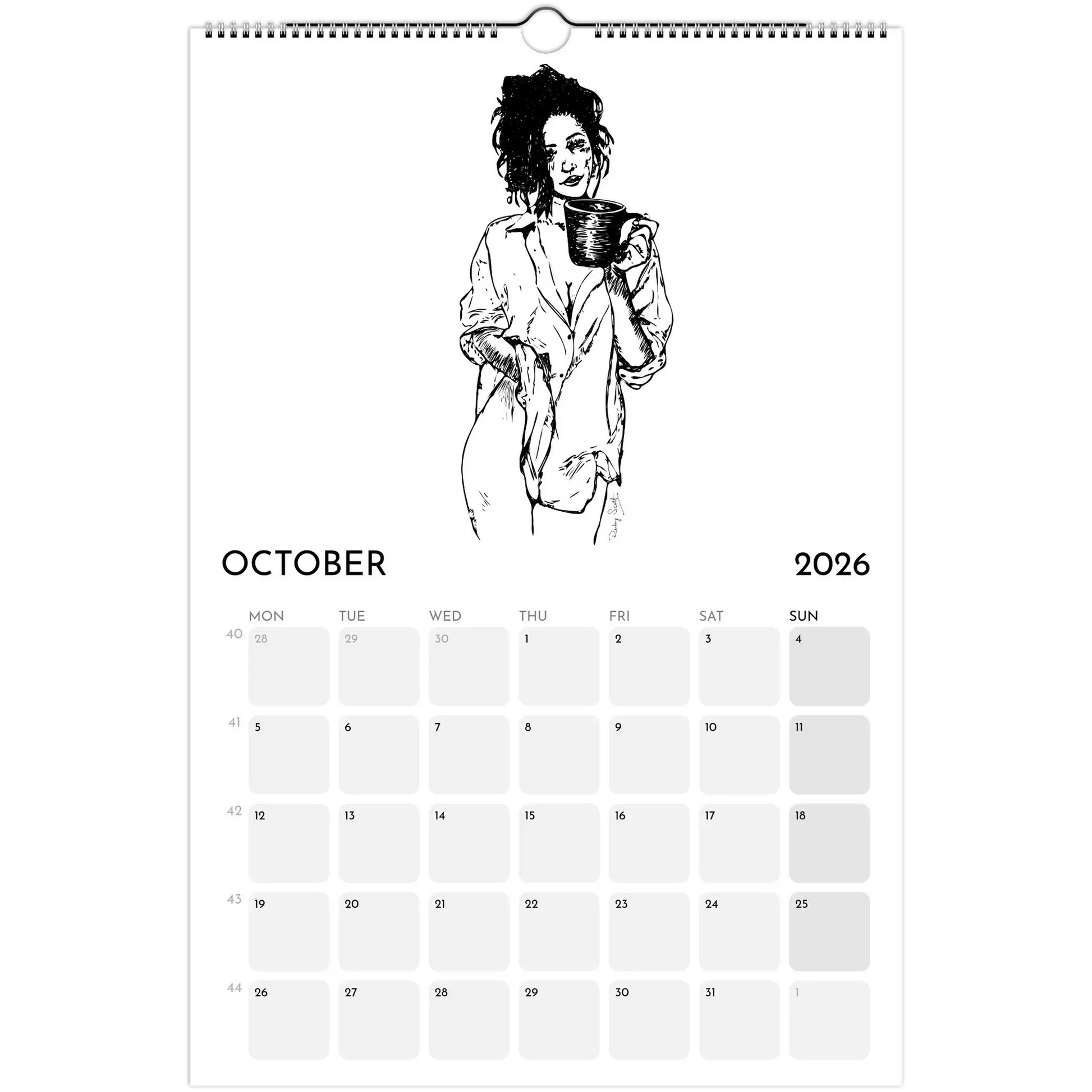 Sapphic Art Calendar showing October 2026 page with a woman holding a cup, celebrating desire and confidence.