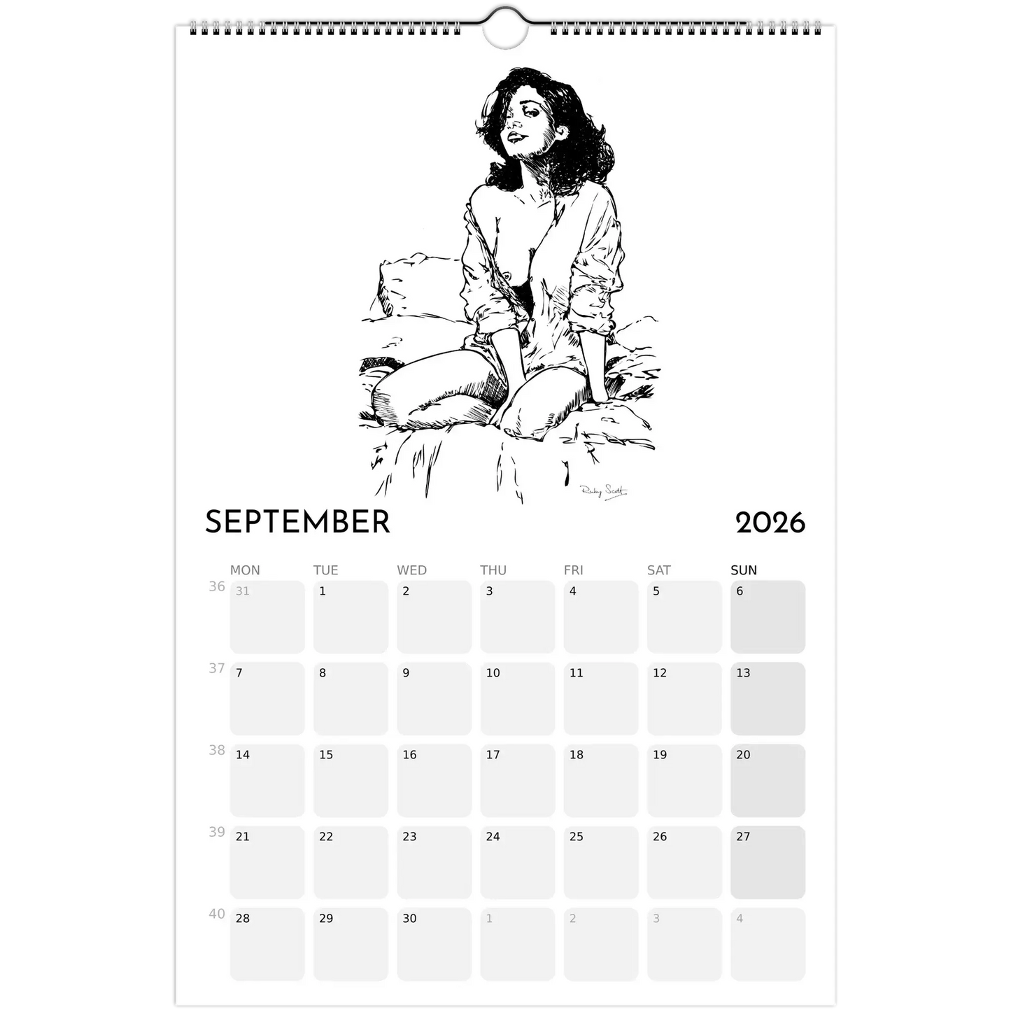 Sapphic Art Calendar page for September 2026 featuring a woman in relaxed pose, celebrating queer joy and confidence.