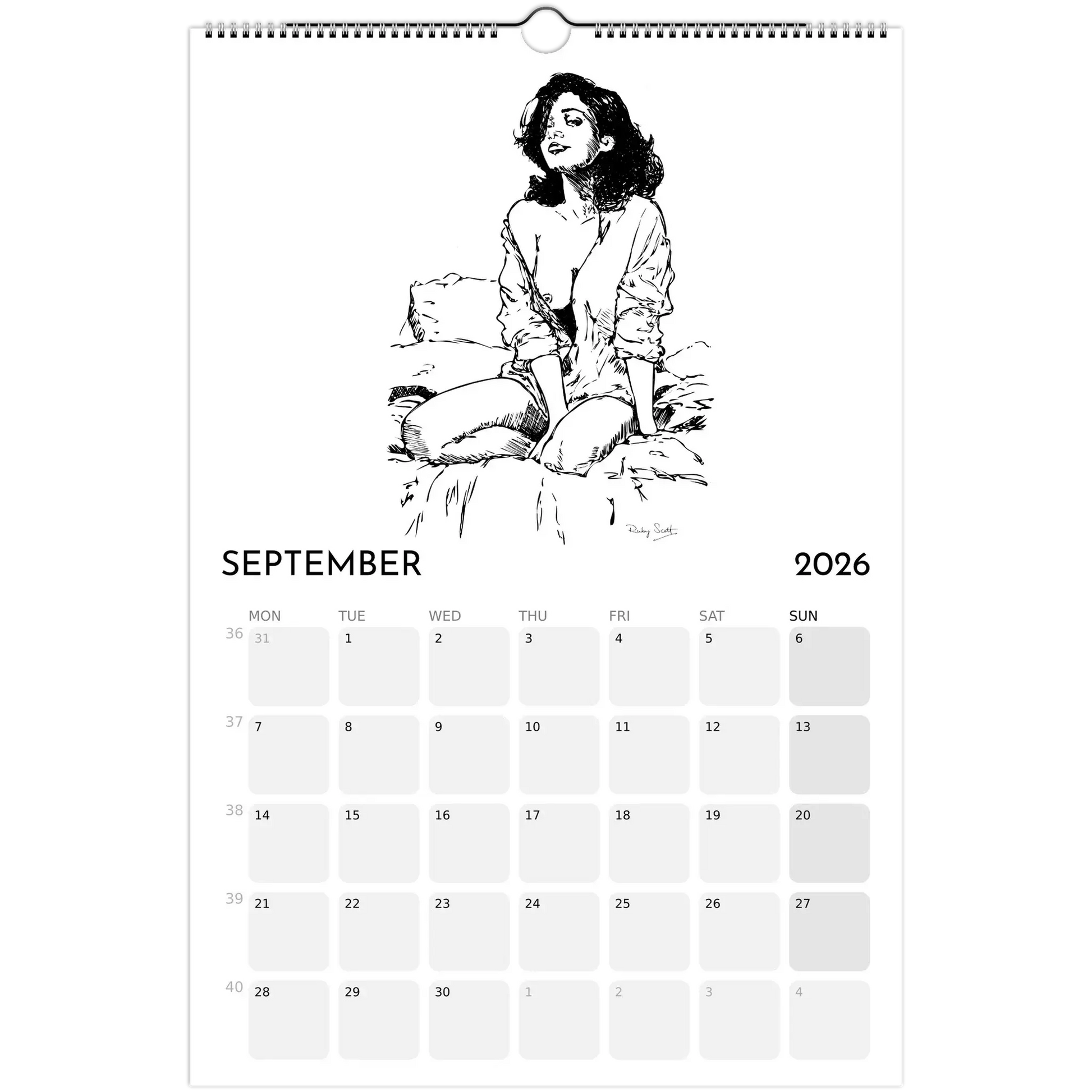 Sapphic Art Calendar page for September 2026 featuring a woman in relaxed pose, celebrating queer joy and confidence.