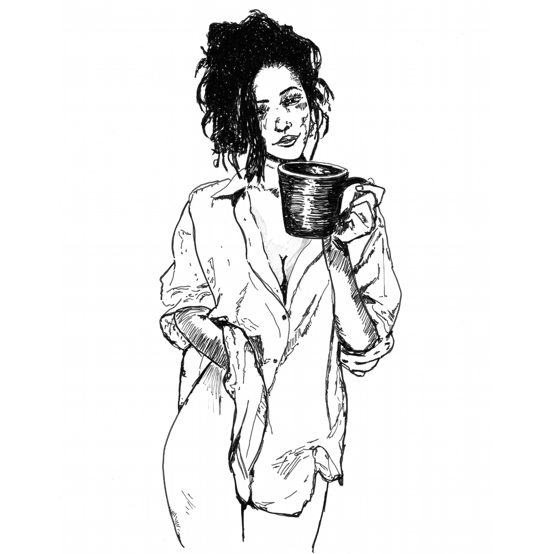 Intimate black and white sapphic art print of a woman wrapped in sheets, hair undone and smiling softly, evoking lingering desire and tenderness by Ruby Scott