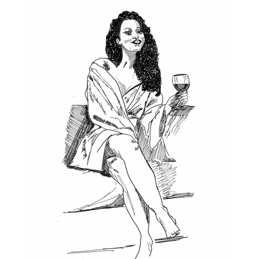 Bold black and white sapphic art print of a woman meeting the viewer’s gaze while holding a wine glass, playful flirtation and confident energy illustrated by Ruby Scott