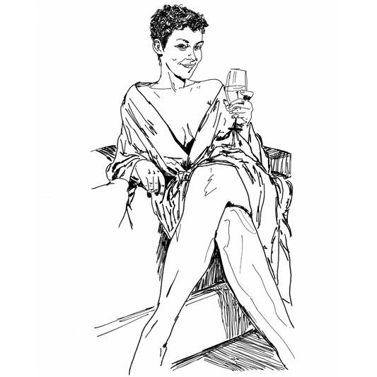 Confident black and white sapphic art print of a woman seated with legs crossed holding a wine glass, radiating relaxed dominance and self-assured femininity by Ruby Scott