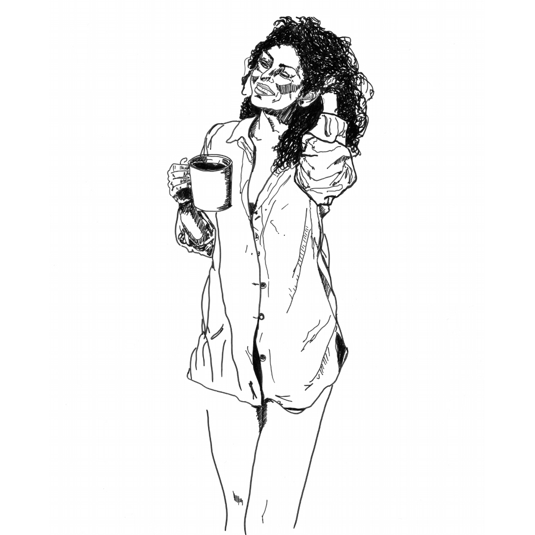 Black and white sapphic art print of a relaxed woman holding a coffee mug, smiling with quiet joy in the morning after, expressive ink line art by Ruby Scott