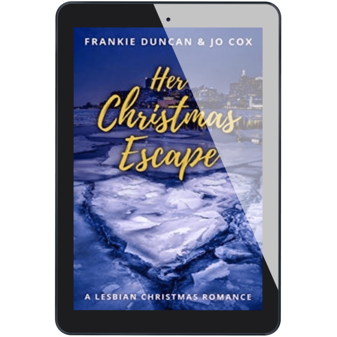 sapphic christmas romance book cover image featuring the ebook edition of 
Her Christmas Escape by Ruby Scott, representing a lesbian romance book, lesbian love story, and lesbian fiction by lesbian romance author Ruby Scott and lesbian romance fiction author Ruby Scott