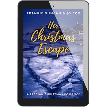 sapphic christmas romance book cover image featuring the ebook edition of 
Her Christmas Escape by Ruby Scott, representing a lesbian romance book, lesbian love story, and lesbian fiction by lesbian romance author Ruby Scott and lesbian romance fiction author Ruby Scott