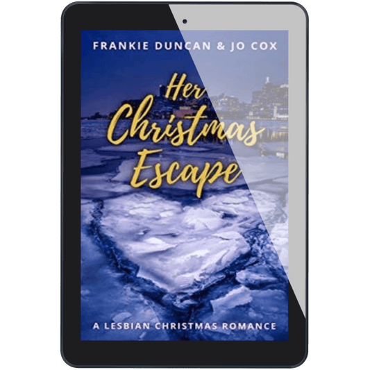 sapphic christmas romance book cover image featuring the ebook edition of 
Her Christmas Escape by Ruby Scott, representing a lesbian romance book, lesbian love story, and lesbian fiction by lesbian romance author Ruby Scott and lesbian romance fiction author Ruby Scott