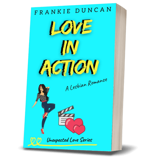 Sapphic rom-com lesbian romance book cover image featuring the paperback edition of Love in Action by Ruby Scott, representing a lesbian romance book, lesbian love story, and lesbian fiction by lesbian romance author Ruby Scott and lesbian romance fiction author Ruby Scott.