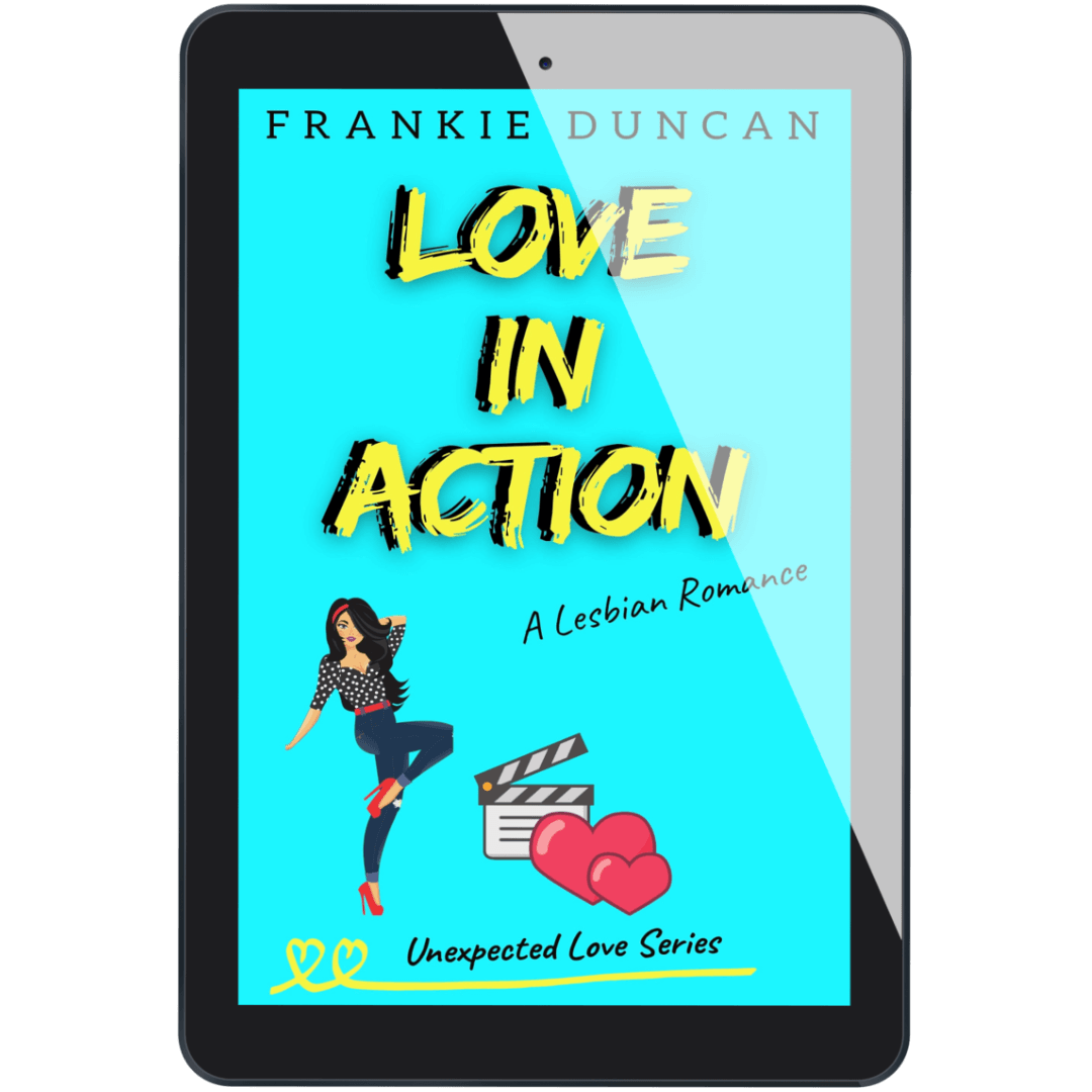 sapphic rom-com book cover image featuring the ebook edition of love in action by Ruby Scott, representing a lesbian romance book, lesbian love story, and lesbian fiction by lesbian romance author Ruby Scott and lesbian romance fiction author Ruby Scott.