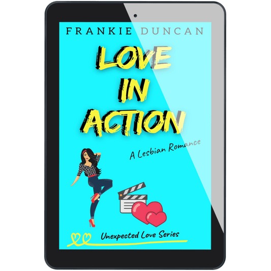 sapphic rom-com book cover image featuring the ebook edition of love in action by Ruby Scott, representing a lesbian romance book, lesbian love story, and lesbian fiction by lesbian romance author Ruby Scott and lesbian romance fiction author Ruby Scott.