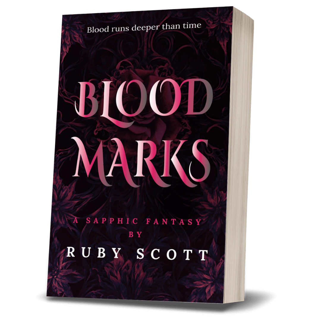 Sapphic Romantasy book cover image featuring the paperback edition of Blood Marks by Ruby Scott, representing a lesbian romance book, lesbian love story, and lesbian fiction by lesbian romance author Ruby Scott and lesbian romance fiction author Ruby Scott.