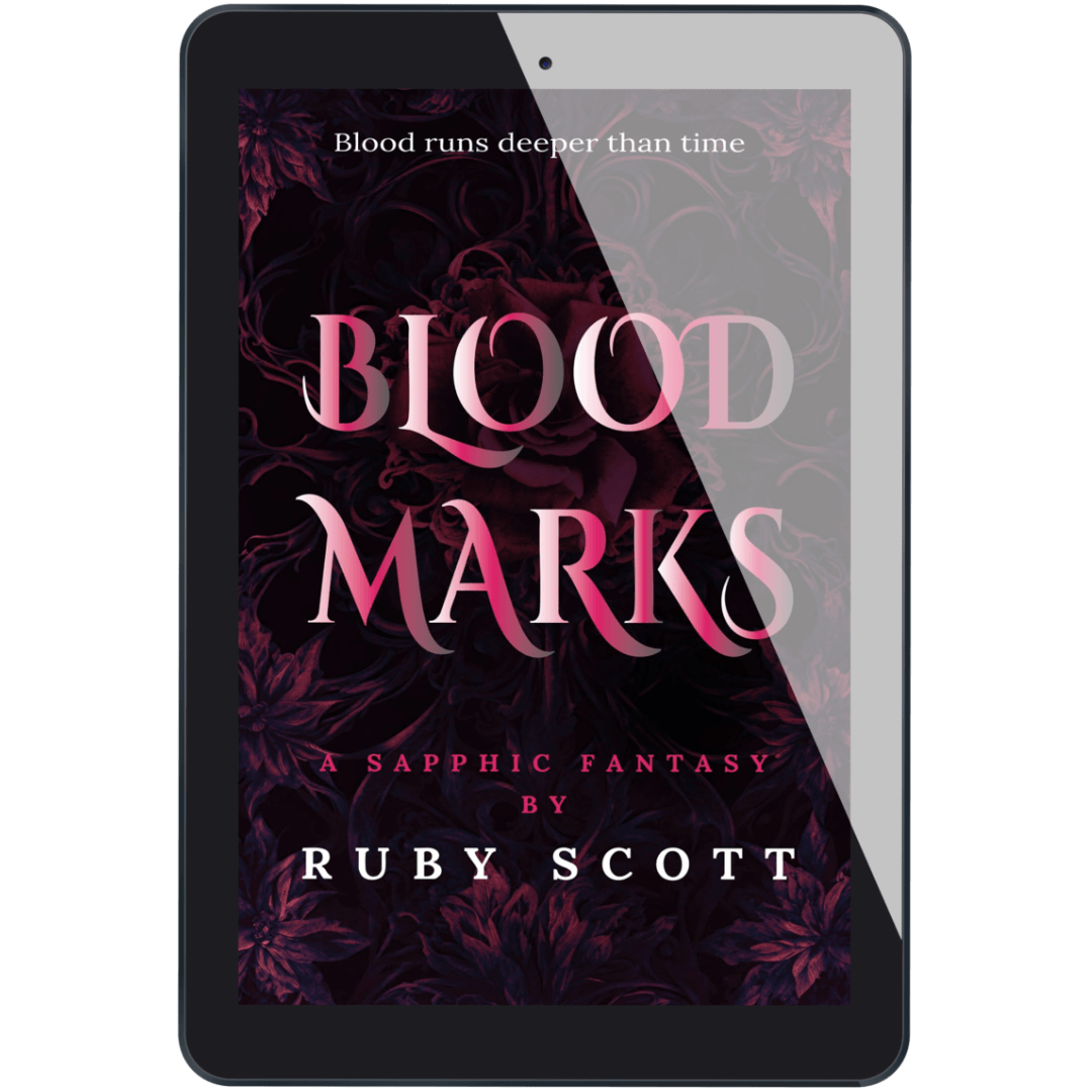 Signed eBook cover of Blood Marks: Vampire Lesbian Romance by Ruby Scott featuring a dark floral background.