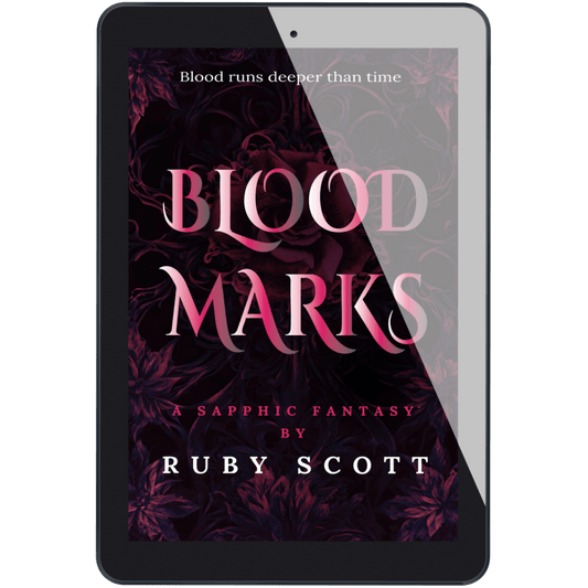 Signed eBook cover of Blood Marks: Vampire Lesbian Romance by Ruby Scott featuring a dark floral background.