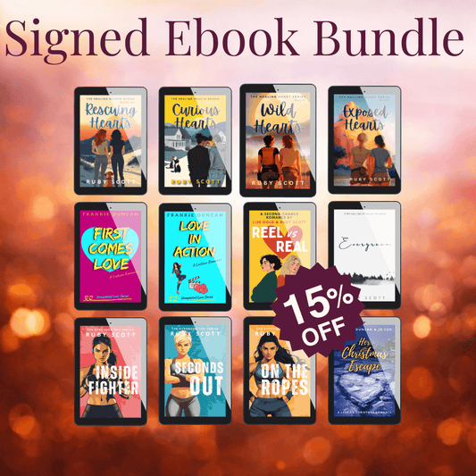Signed ebook bundle by Ruby Scott featuring popular lesbian romance books including Healing Hearts and Stronger You series, 15 percent discount