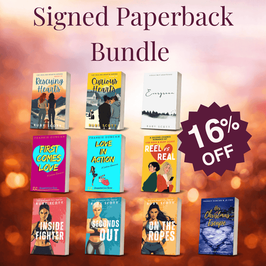 Large signed paperback bundle featuring multiple slow burn lesbian romance book series by Ruby Scott, offering slow burn lesbian love story narratives and bestselling lesbian fiction, all signed by lesbian romance author Ruby Scott and curated by lesbian romance fiction author Ruby Scott.