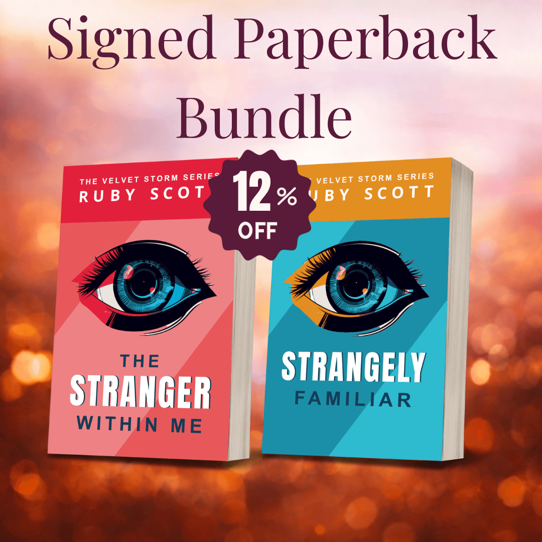 Signed paperback bundle of the Velvet Storm series- Psychological lesbian thriller, highlighting intense lesbian thriller romance book narratives and sensual lesbian love story themes, presented as premium lesbian fiction signed by lesbian romance author Ruby Scott.
