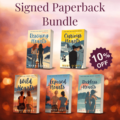 Healing Hearts signed paperback bundle featuring five lesbian romance novels by Ruby Scott, 10% off.