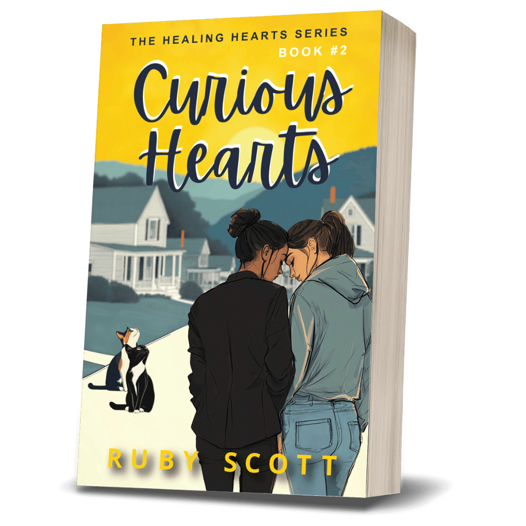 slow burn lesbian romance book cover image featuring the paperback edition of Curious Hearts by Ruby Scott, representing a lesbian romance book, lesbian love story, and lesbian fiction by lesbian romance author Ruby Scott and lesbian romance fiction author Ruby Scott.