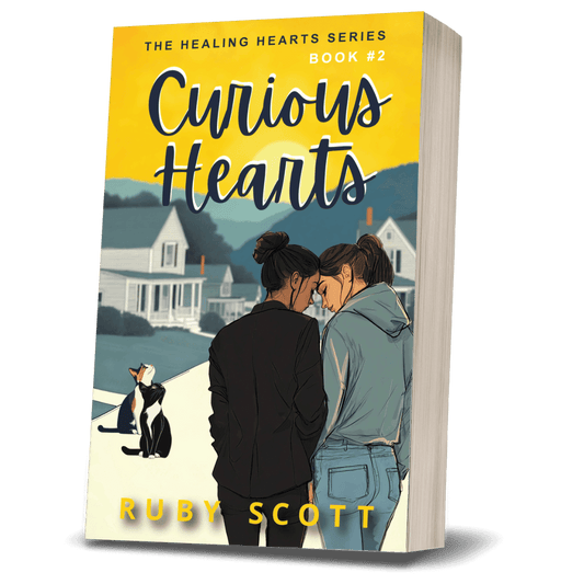 slow burn lesbian romance book cover image featuring the paperback edition of Curious Hearts by Ruby Scott, representing a lesbian romance book, lesbian love story, and lesbian fiction by lesbian romance author Ruby Scott and lesbian romance fiction author Ruby Scott.