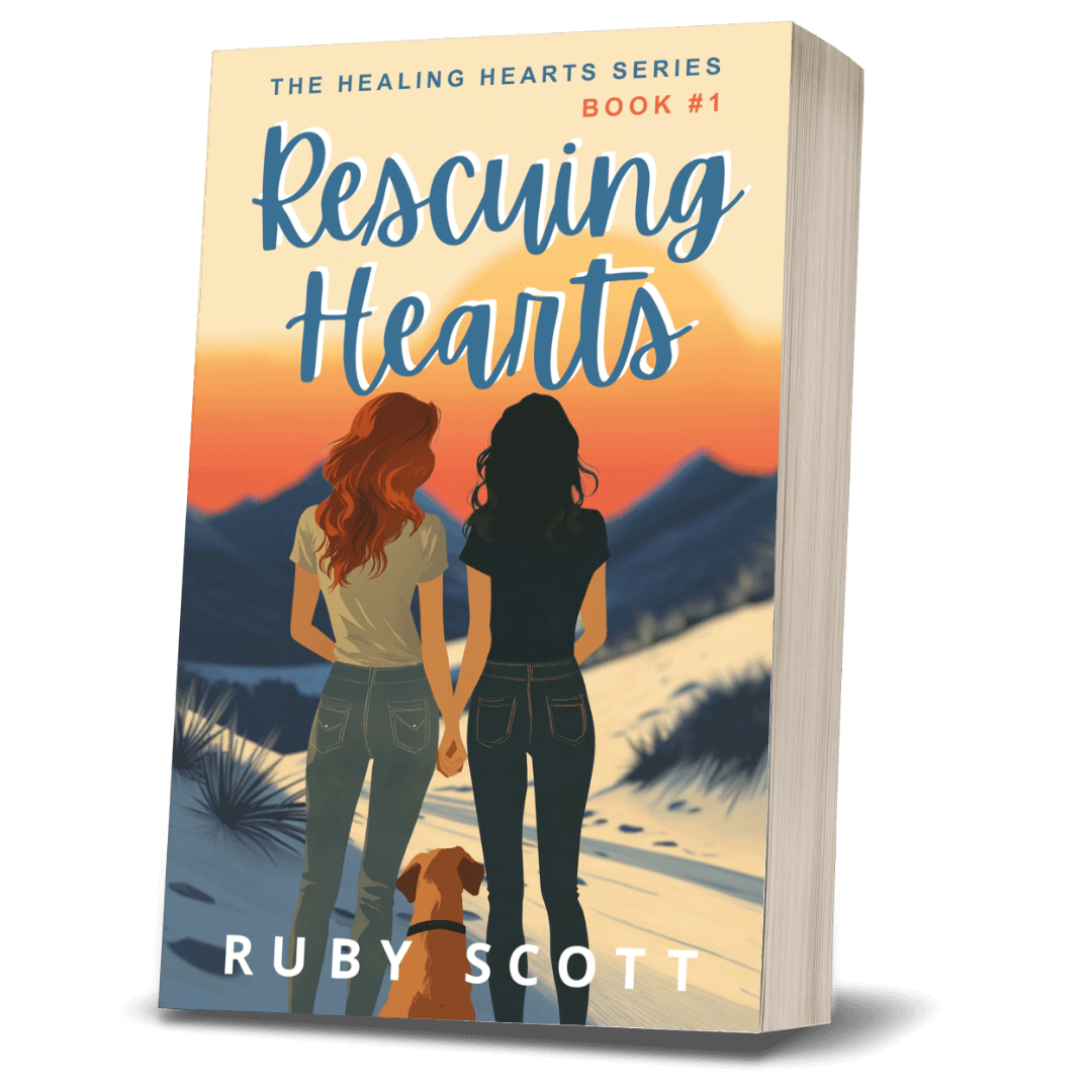 Slow burn lesbian romance book cover image featuring the paperback edition of Rescuing Hearts by Ruby Scott, representing a lesbian romance book, lesbian love story, and lesbian fiction by lesbian romance author Ruby Scott and lesbian romance fiction author Ruby Scott.