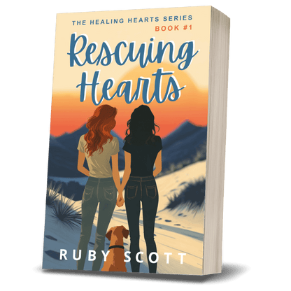 Slow burn lesbian romance book cover image featuring the paperback edition of Rescuing Hearts by Ruby Scott, representing a lesbian romance book, lesbian love story, and lesbian fiction by lesbian romance author Ruby Scott and lesbian romance fiction author Ruby Scott.