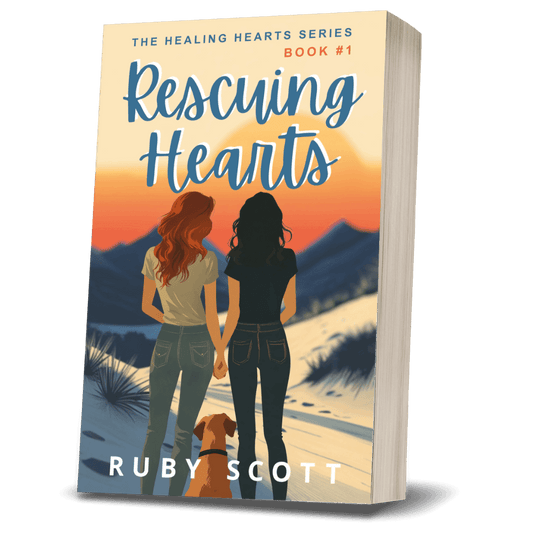 Slow burn lesbian romance book cover image featuring the paperback edition of Rescuing Hearts by Ruby Scott, representing a lesbian romance book, lesbian love story, and lesbian fiction by lesbian romance author Ruby Scott and lesbian romance fiction author Ruby Scott.