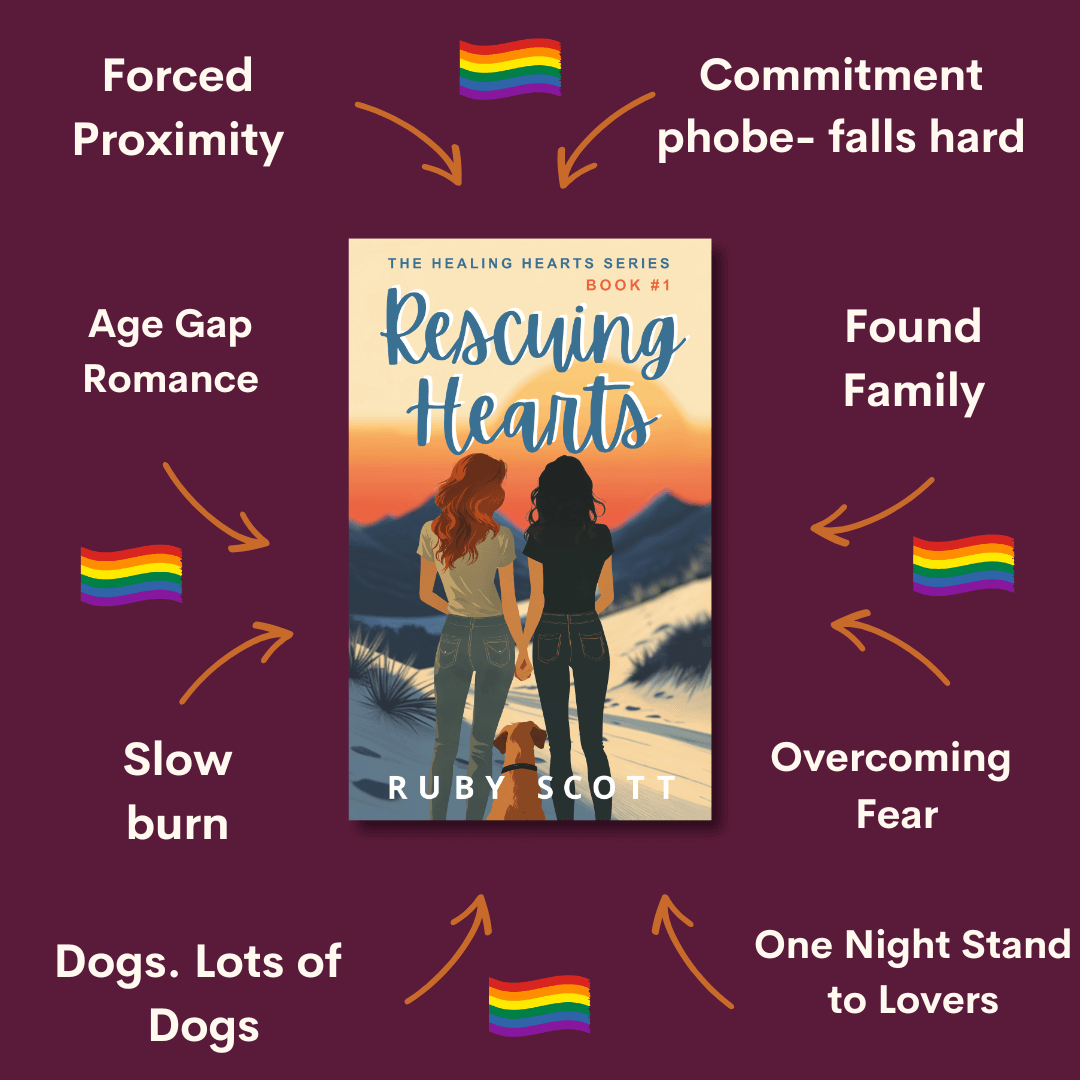 slow burn lesbian romance Rescuing Hearts story tropes graphic featuring key themes and relationship dynamics, representing a lesbian romance book, lesbian love story, and lesbian fiction by lesbian romance author Ruby Scott and lesbian romance fiction author Ruby Scott.
