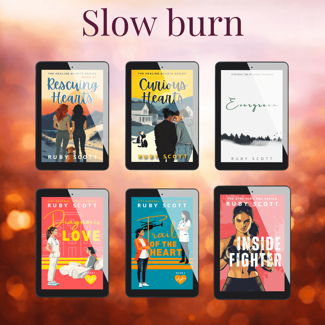 Slow burn lesbian romance book covers by Ruby Scott