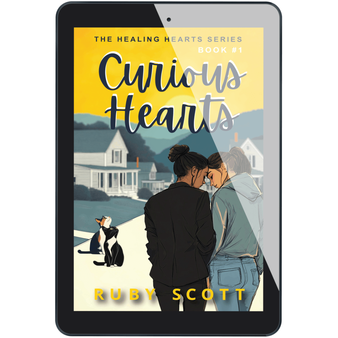 slow burn lesbian romance book cover image featuring the ebook edition of Curious hearts by Ruby Scott, representing a lesbian romance book, lesbian love story, and lesbian fiction by lesbian romance author Ruby Scott and lesbian romance fiction author Ruby Scott.