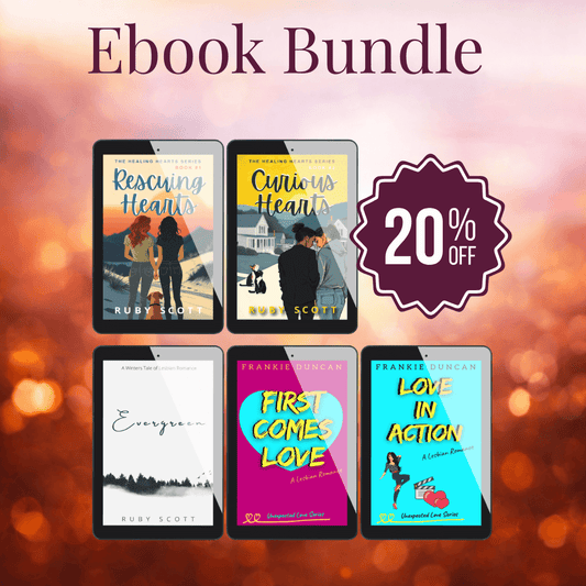 slow burn lesbian romance ebooks collection banner image featuring multiple digital book covers, representing a lesbian romance book, lesbian love story, and lesbian fiction by lesbian romance author Ruby Scott and lesbian romance fiction author Ruby Scott.