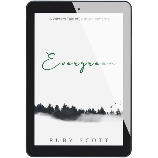 slow burn lesbian romance book cover image featuring the ebook edition of Evergreen by Ruby Scott